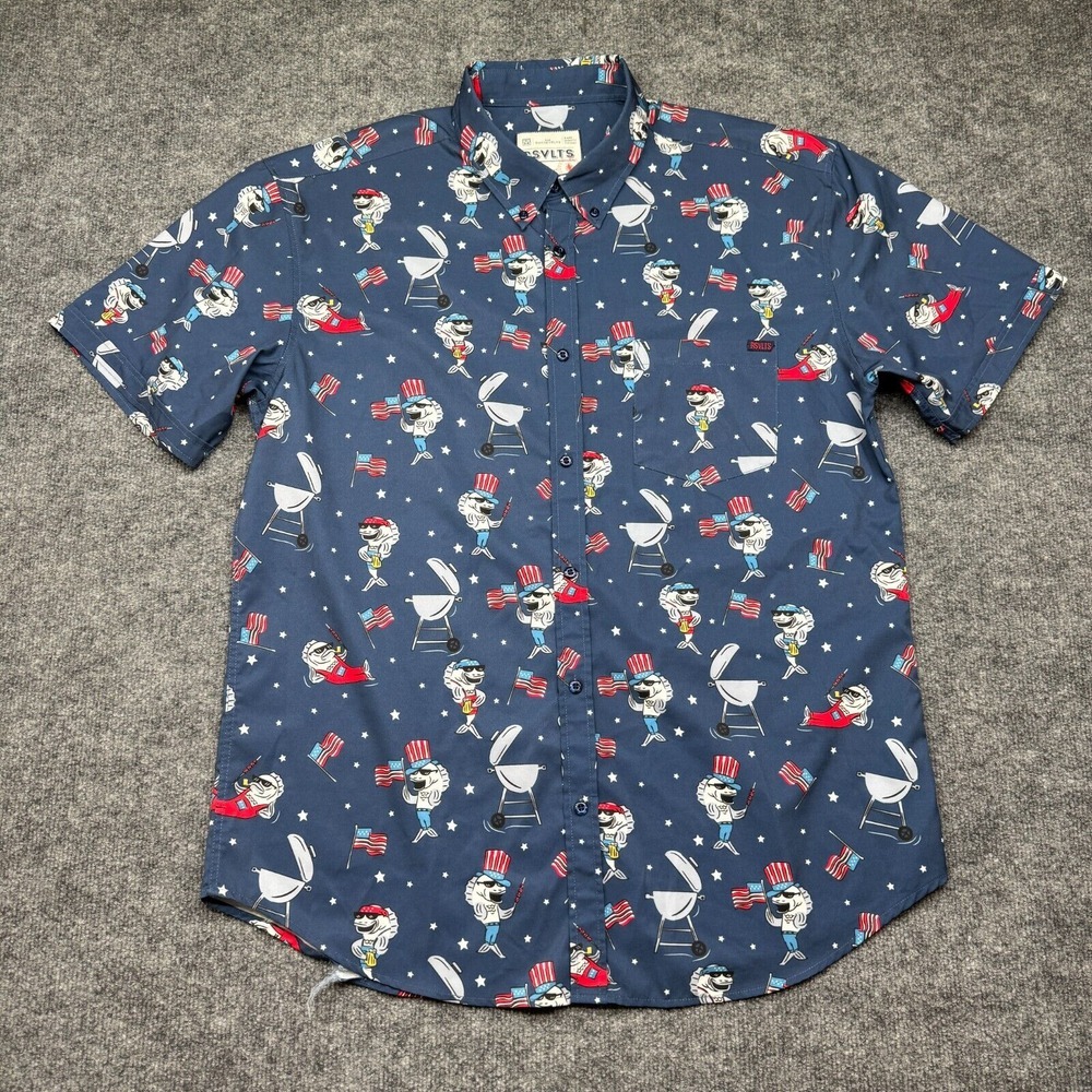 RSVLTS Shirt Adult XL Blue Graphic Fish and Fins Americana Mens Flaws